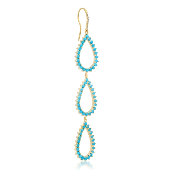 Jennifer Meyer Triple 3 Prong Turquoise Open Teardrop Earrings in 18K Yellow Gold | Fine Earrings | Coveti