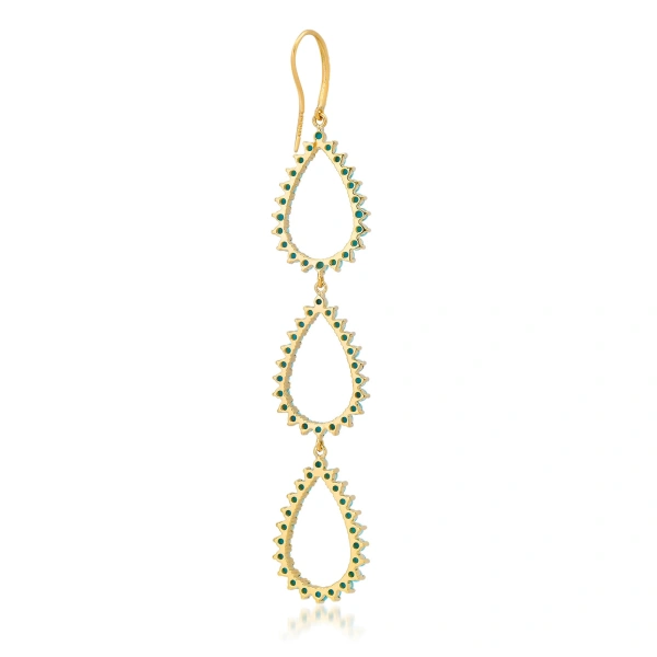Jennifer Meyer Triple 3 Prong Turquoise Open Teardrop Earrings in 18K Yellow Gold | Fine Earrings | Coveti