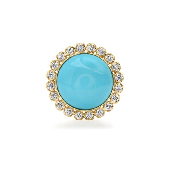 Jennifer Meyer Turquoise Cabochon Ring with Illusion Set Diamonds in 18K Yellow Gold | Fine Rings | Coveti