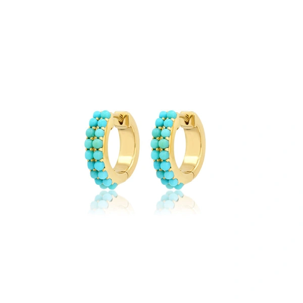 Jennifer Meyer Turquoise Double Row Huggies in 18K Yellow Gold | Fine Earrings | Coveti