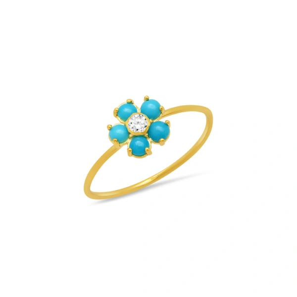 Jennifer Meyer Turquoise Flower Ring with Diamond Center in 18K Yellow Gold | Fine Rings | Coveti