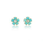 Jennifer Meyer Turquoise Flower Studs with Diamond Center in 18K Yellow Gold | Fine Earrings | Coveti