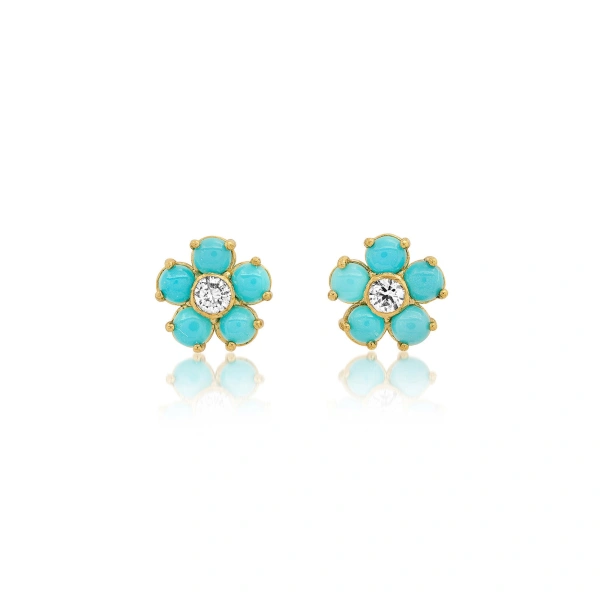 Turquoise Flower Studs with Diamond Center in 18K Yellow Gold