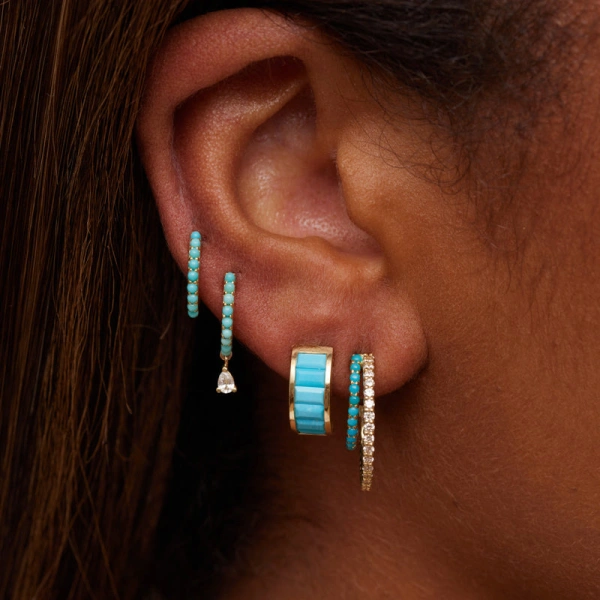 Jennifer Meyer Turquoise Huggies With Pear Cut Diamond Drop in 18K Yellow Gold | Fine Earrings | Coveti