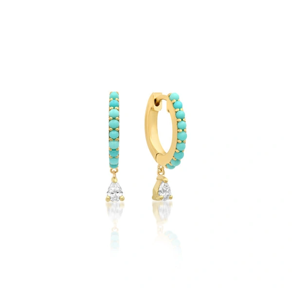 Jennifer Meyer Turquoise Huggies With Pear Cut Diamond Drop in 18K Yellow Gold | Fine Earrings | Coveti
