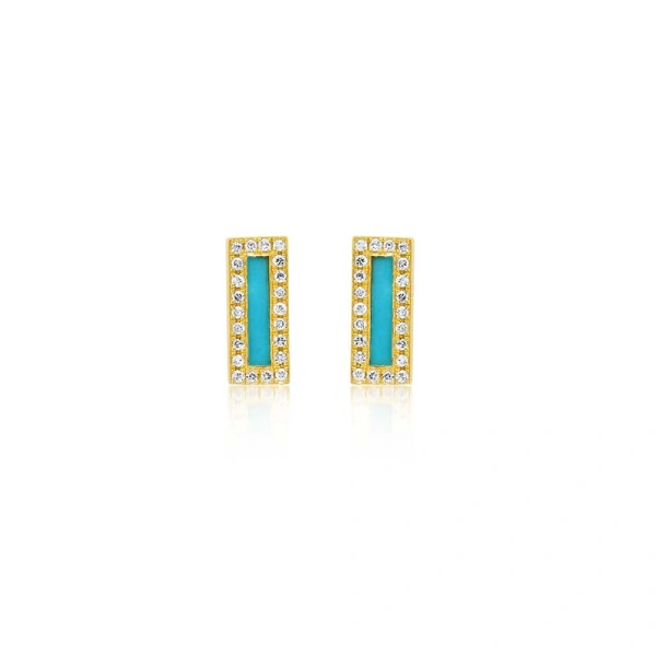 Jennifer Meyer Turquoise Inlay Bar Studs with Diamonds in 18K Yellow Gold | Fine Earrings | Coveti