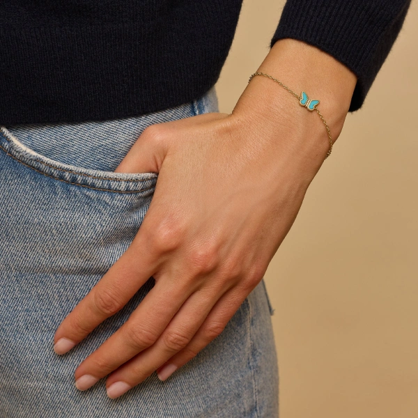 Jennifer Meyer Turquoise Inlay Butterfly Bracelet in 18K Yellow Gold | Fine Bracelets | Coveti