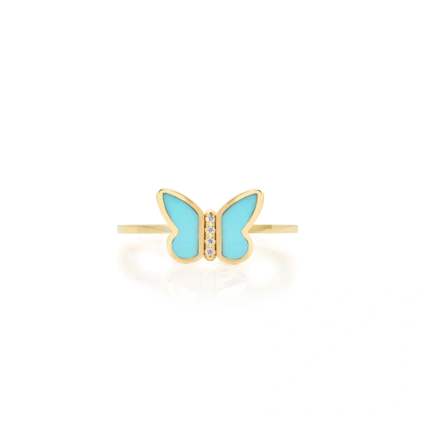Jennifer Meyer Turquoise Inlay Butterfly Ring in 18K Yellow Gold | Fine Rings | Coveti