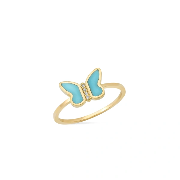 Jennifer Meyer Turquoise Inlay Butterfly Ring in 18K Yellow Gold | Fine Rings | Coveti