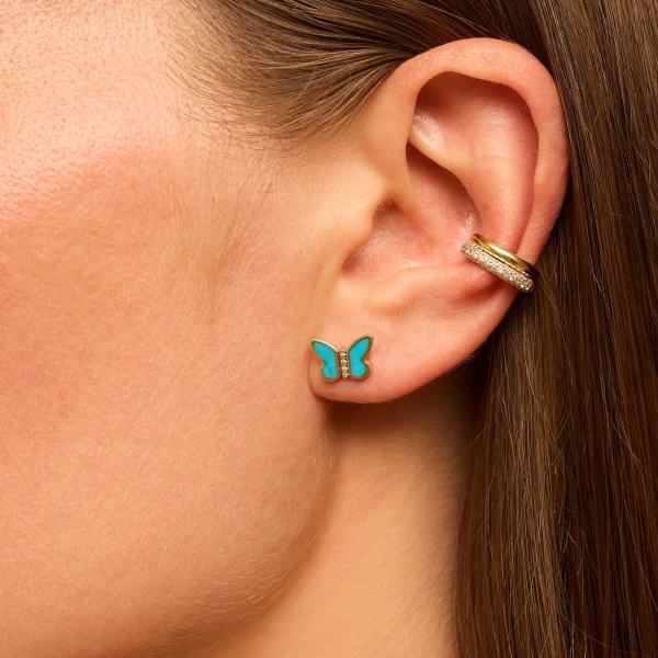 Jennifer Meyer Turquoise Inlay Butterfly Studs in 18K Yellow Gold | Fine Earrings | Coveti