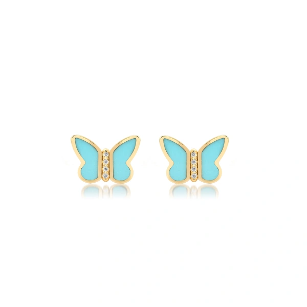 Jennifer Meyer Turquoise Inlay Butterfly Studs in 18K Yellow Gold | Fine Earrings | Coveti