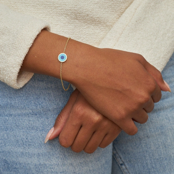 Jennifer Meyer Turquoise Inlay Evil Eye Bracelet in 18K Yellow Gold | Fine Bracelets | Coveti