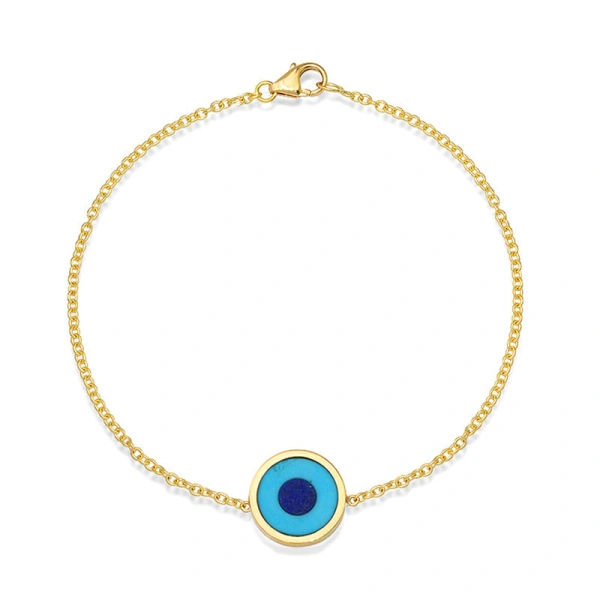 Jennifer Meyer Turquoise Inlay Evil Eye Bracelet in 18K Yellow Gold | Fine Bracelets | Coveti