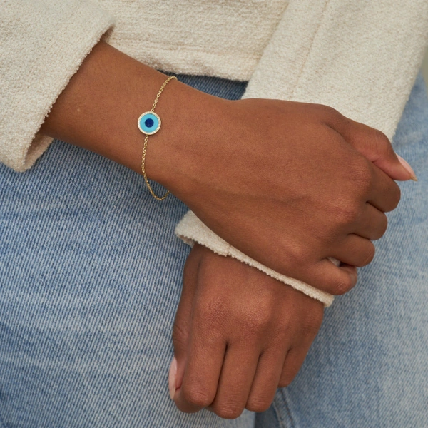 Jennifer Meyer Turquoise Inlay Evil Eye Bracelet with Diamonds in 18K Yellow Gold | Fine Bracelets | Coveti