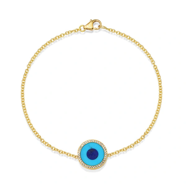Jennifer Meyer Turquoise Inlay Evil Eye Bracelet with Diamonds in 18K Yellow Gold | Fine Bracelets | Coveti