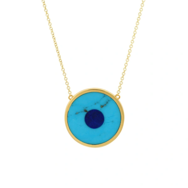 Jennifer Meyer Turquoise Inlay Evil Eye Necklace in 18K Yellow Gold | Fine Necklaces | Coveti