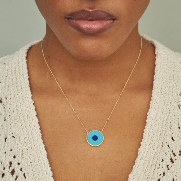Jennifer Meyer Turquoise Inlay Evil Eye Necklace in 18K Yellow Gold | Fine Necklaces | Coveti