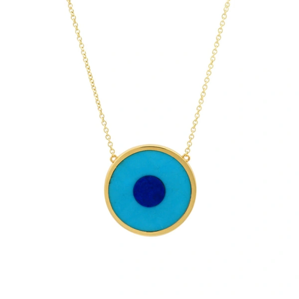 Jennifer Meyer Turquoise Inlay Evil Eye Necklace in 18K Yellow Gold | Fine Necklaces | Coveti