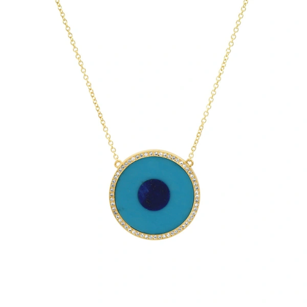 Jennifer Meyer Turquoise Inlay Evil Eye Necklace with Diamonds in 18K Yellow Gold | Fine Necklaces | Coveti