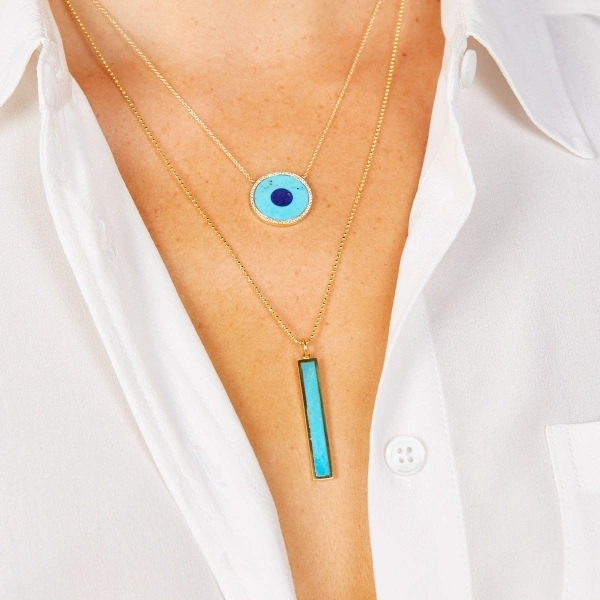 Jennifer Meyer Turquoise Inlay Evil Eye Necklace with Diamonds in 18K Yellow Gold | Fine Necklaces | Coveti