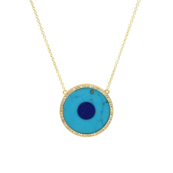 Jennifer Meyer Turquoise Inlay Evil Eye Necklace with Diamonds in 18K Yellow Gold | Fine Necklaces | Coveti