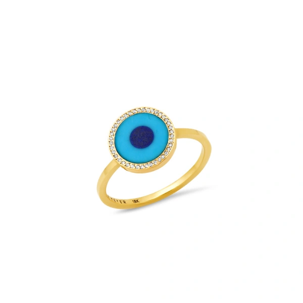 Jennifer Meyer Turquoise Inlay Evil Eye Ring with Diamonds in 18K Yellow Gold | Fine Rings | Coveti
