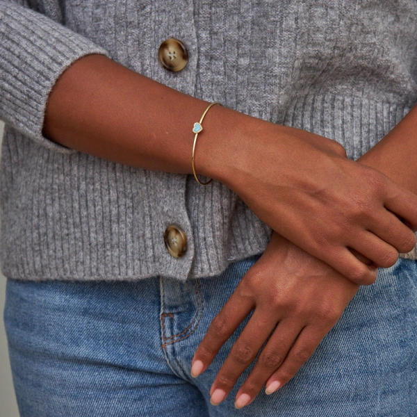 Jennifer Meyer Turquoise Inlay Heart Cuff with Diamonds in 18K Yellow Gold | Fine Bracelets | Coveti