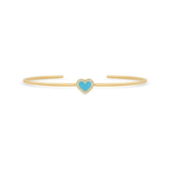 Turquoise Inlay Heart Cuff with Diamonds in 18K Yellow Gold
