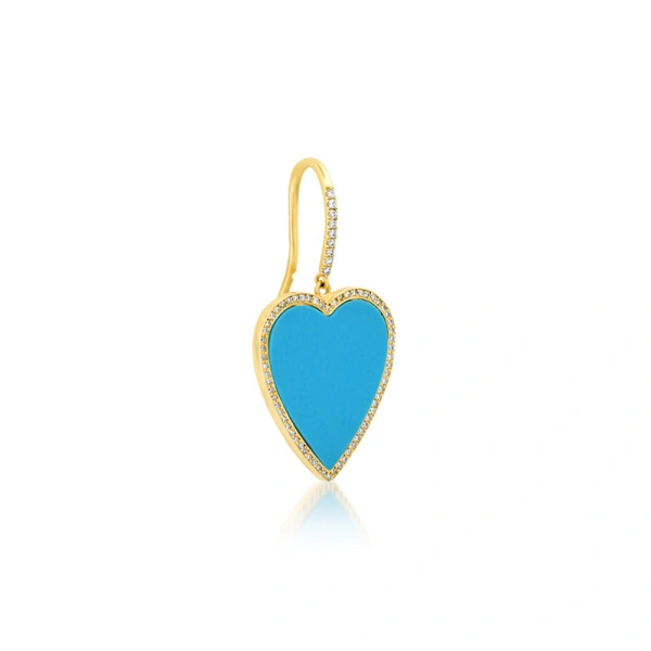 Jennifer Meyer Turquoise Inlay Heart Drop Earrings with Diamonds in 18K Yellow Gold | Fine Earrings | Coveti
