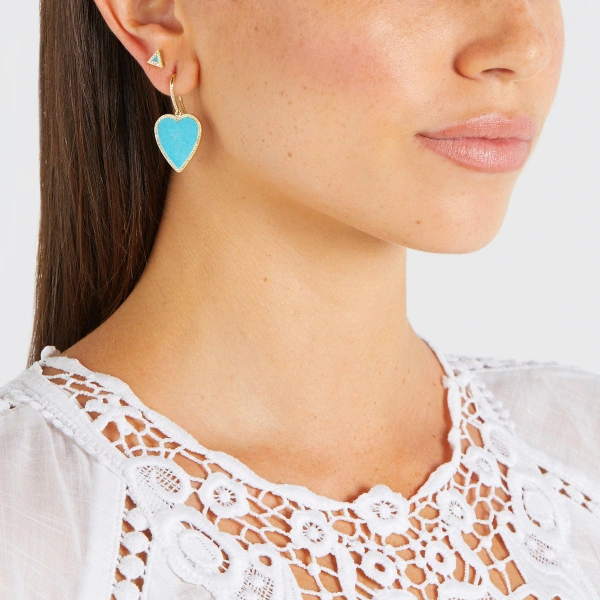Jennifer Meyer Turquoise Inlay Heart Drop Earrings with Diamonds in 18K Yellow Gold | Fine Earrings | Coveti