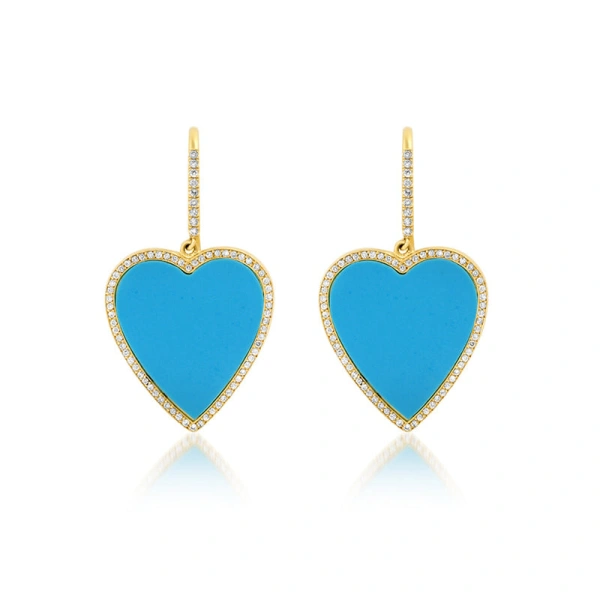 Turquoise Inlay Heart Drop Earrings with Diamonds in 18K Yellow Gold