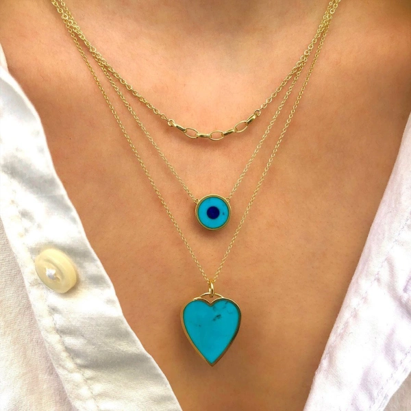 Jennifer Meyer Turquoise Inlay Heart Necklace in 18K Yellow Gold | Fine Necklaces | Coveti