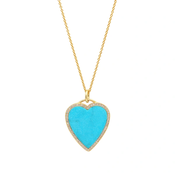 Jennifer Meyer Turquoise Inlay Heart Necklace with Diamonds in 18K Yellow Gold | Fine Necklaces | Coveti