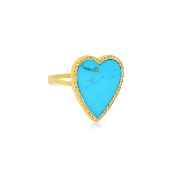 Jennifer Meyer Turquoise Inlay Heart Ring with Diamonds in 18K Yellow Gold | Fine Rings | Coveti