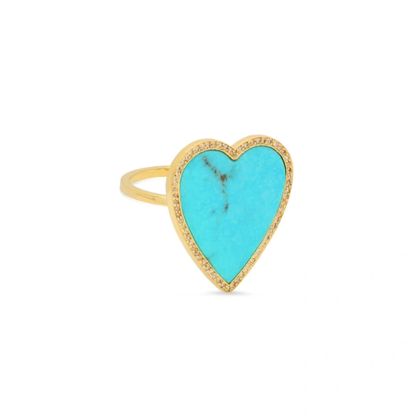 Jennifer Meyer Turquoise Inlay Heart Ring with Diamonds in 18K Yellow Gold | Fine Rings | Coveti