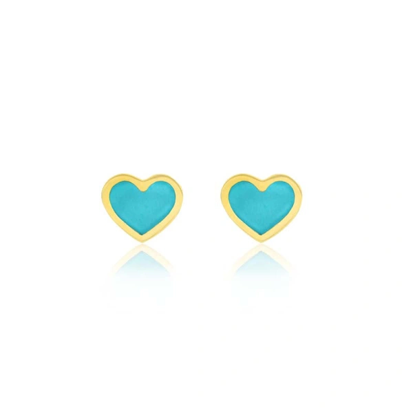 Jennifer Meyer Turquoise Inlay Heart Studs in 18K Yellow Gold | Fine Earrings | Coveti