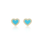 Jennifer Meyer Turquoise Inlay Heart Studs with Diamonds in 18K Yellow Gold | Fine Earrings | Coveti