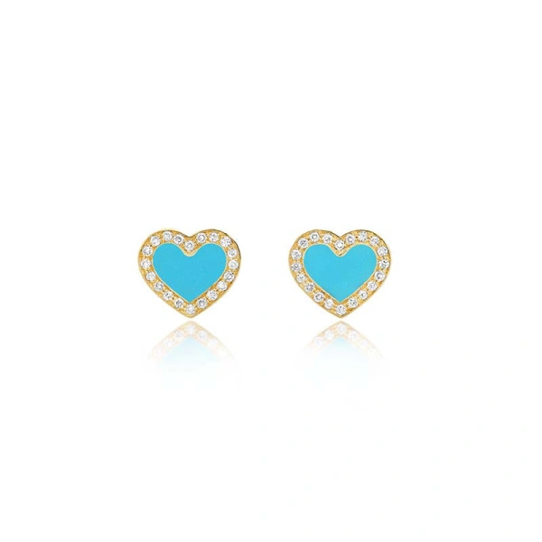 Jennifer Meyer Turquoise Inlay Heart Studs with Diamonds in 18K Yellow Gold | Fine Earrings | Coveti