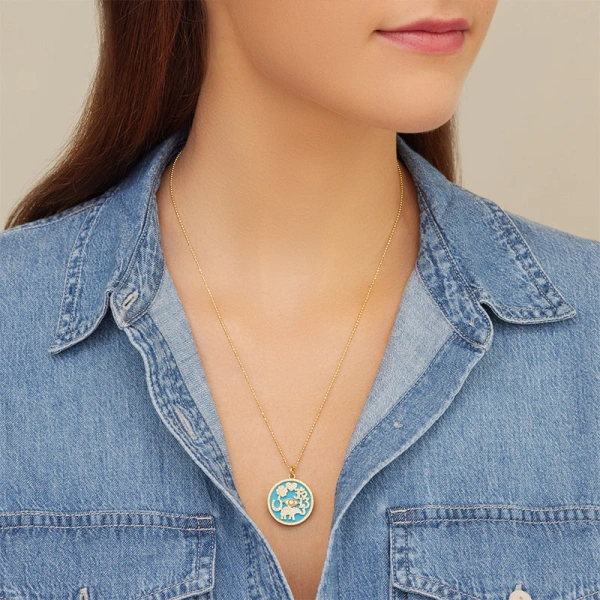 Jennifer Meyer Turquoise Inlay and Diamond Pave Good Luck Necklace in 18K Yellow Gold | Fine Necklaces | Coveti