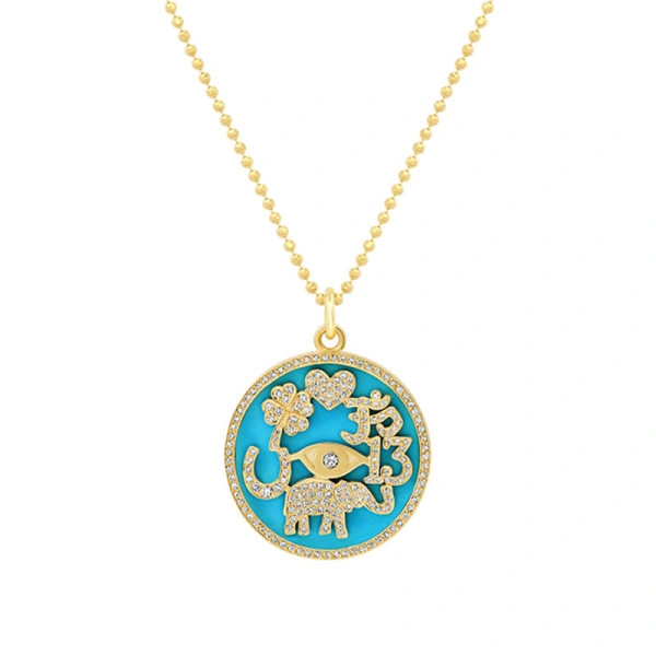 Jennifer Meyer Turquoise Inlay and Diamond Pave Good Luck Necklace in 18K Yellow Gold | Fine Necklaces | Coveti
