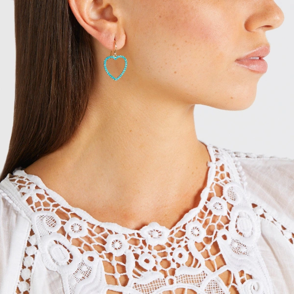 Jennifer Meyer Turquoise Large Open Heart Drop Earrings in 18K Yellow Gold | Fine Earrings | Coveti