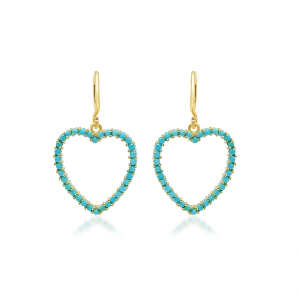 Turquoise Large Open Heart Drop Earrings in 18K Yellow Gold