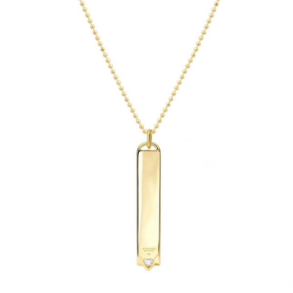 Jennifer Meyer Vertical Engravable Nameplate Pendant with Diamond Heart in 18K Yellow Gold | Fine Necklaces | Coveti