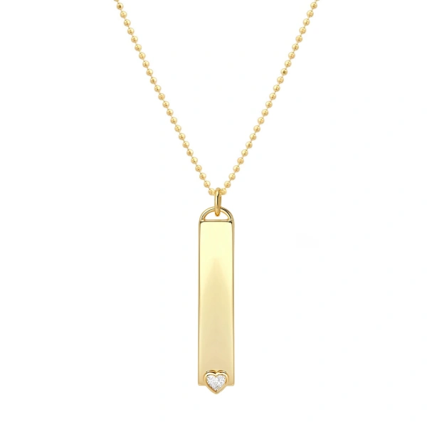 Jennifer Meyer Vertical Engravable Nameplate Pendant with Diamond Heart in 18K Yellow Gold | Fine Necklaces | Coveti