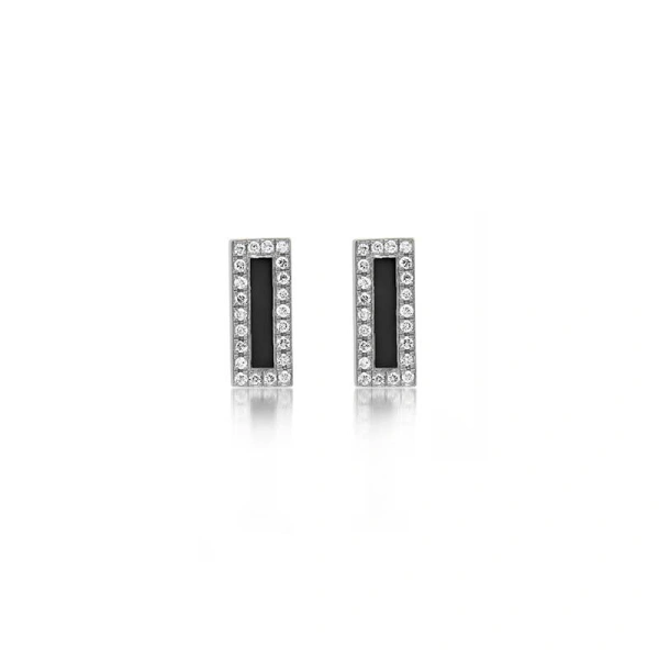 White Gold Onyx Inlay Bar Studs with Diamonds in 18K White Gold
