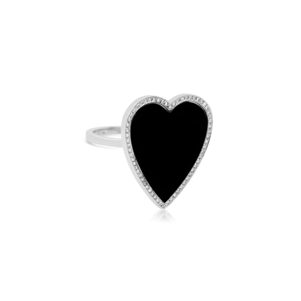White Gold Onyx Inlay Heart Ring in 18K White Gold
