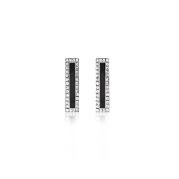 White Gold Onyx Inlay Long Bar Studs with Diamonds in 18K White Gold