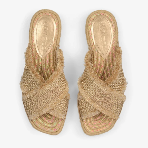 Gold and Dark Cappuccino Jimmy Choo Aciel Sandal Flat, view 3 | Sandals