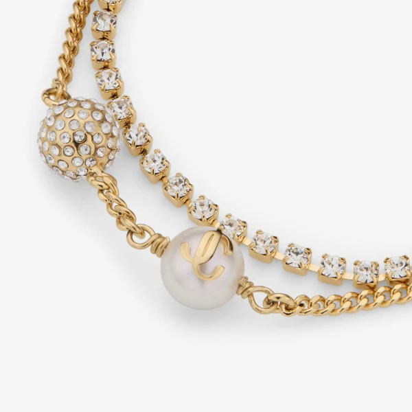 Gold, White and Crystal Jimmy Choo Auri Chain Bracelet, view 3 | Bracelets