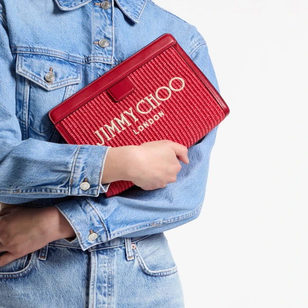 Ruby Red and Light Gold Jimmy Choo Avenue London Pouch, view 2 | Clutch Bags
